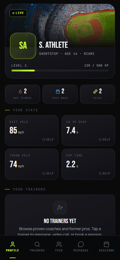 A KoachMe athlete profile: sample athlete card with level bar, training streak, and stats each labeled SELF for self-reported